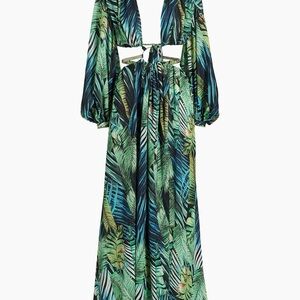 Bronx and Banco Jungle Maxi Dress in Green and Blue with gold key hole belt